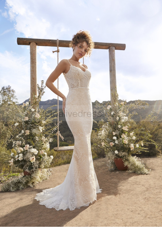 V Neck Beaded Ivory Lace Elegant Wedding Dress